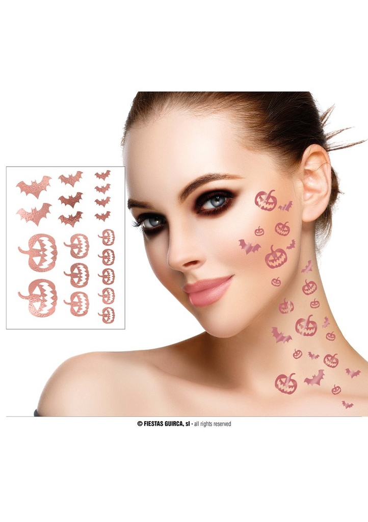[15667] Halloween Rose Gold Pumpkin / Bat Tattos (2 sheets of 16)