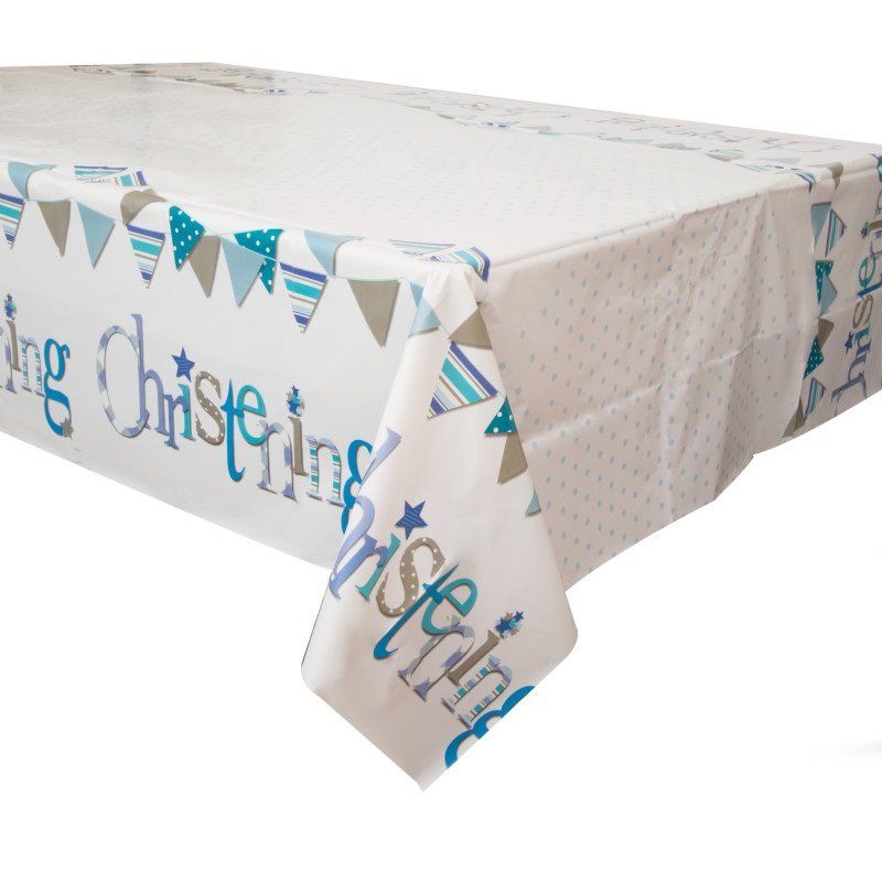 Blue Bunting Christening Plastic Table Cover - 54" x 84"