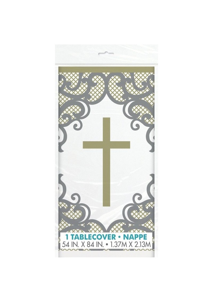 Fancy Gold Cross Plastic Table Cover -  54" x 84"