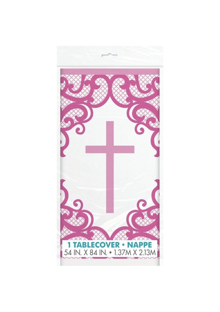 Fancy Pink Cross Plastic Table Cover - 54" x 84"
