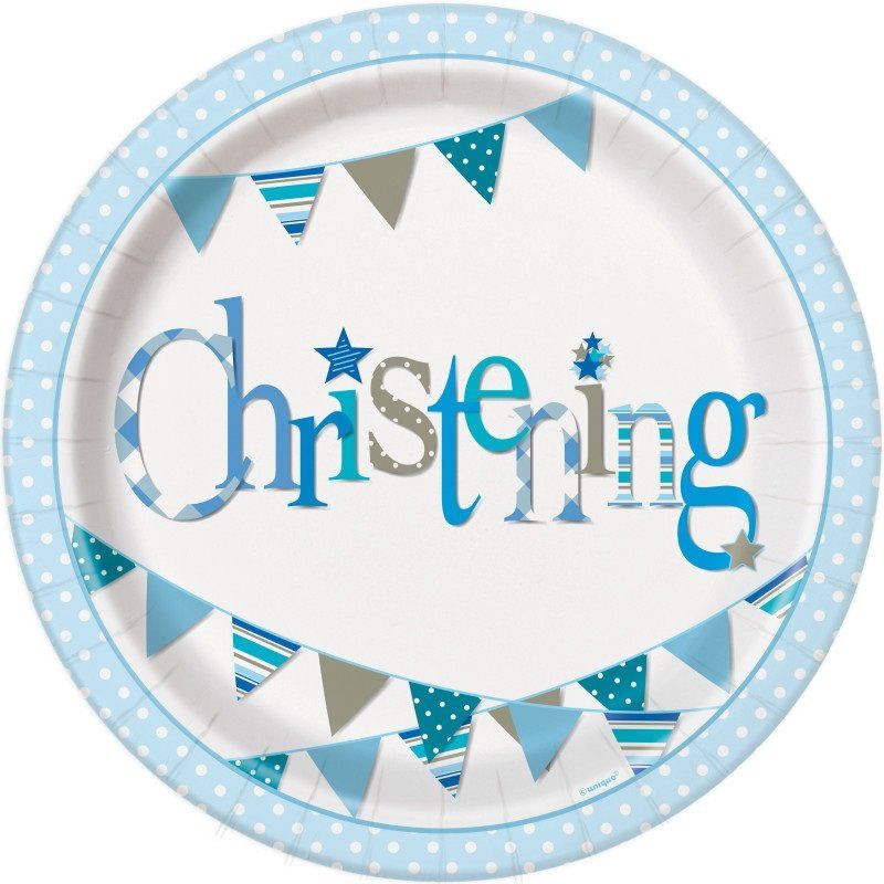 [52055EU] Blue Bunting Christening Round 9 Inch Paper Plates - 8pk