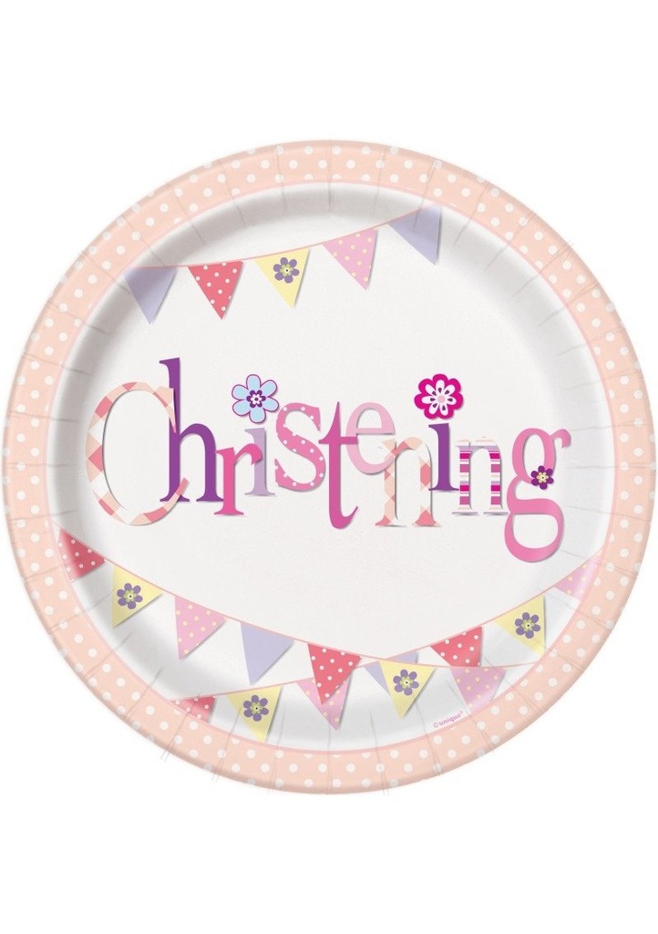 Pink Bunting Christening Round 9 Inch Paper Plates - 8pk