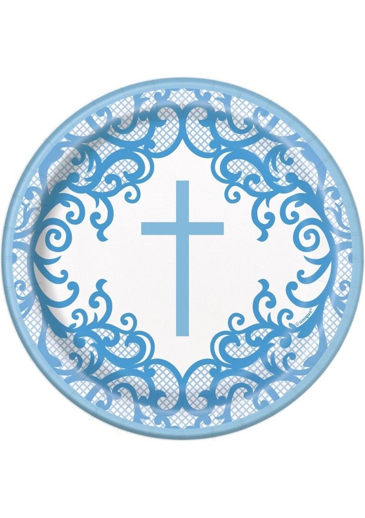 Fancy Blue Cross Round 7" Dessert Plates - 8pk