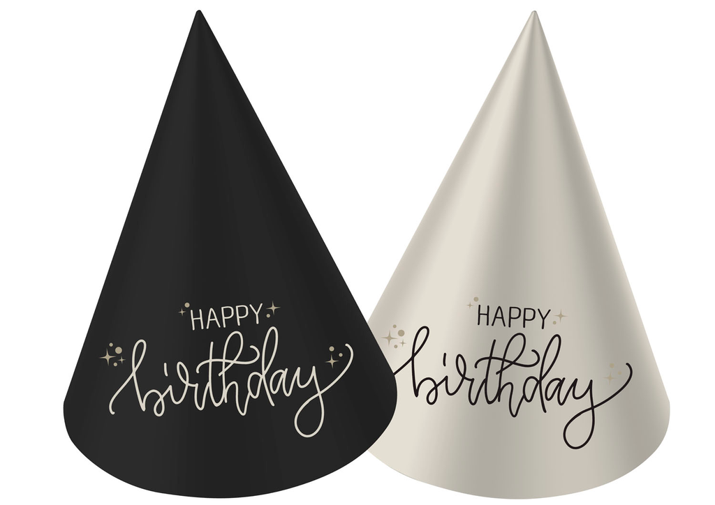 [68692] Happy Birthday Mini Party Hats Creme Noir 10cm - 6pcs
