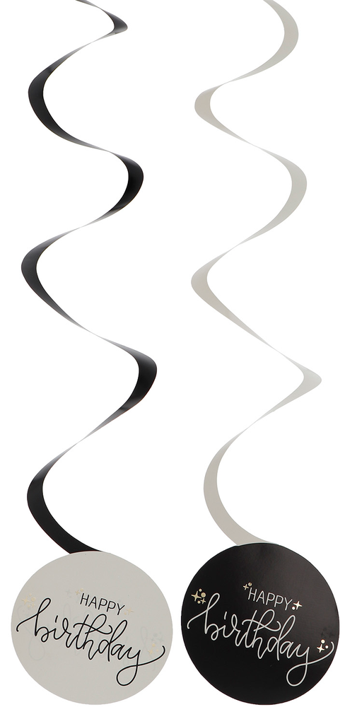 Happy Birthday Swirl Hanging Decoration Creme Noir - 6pcs