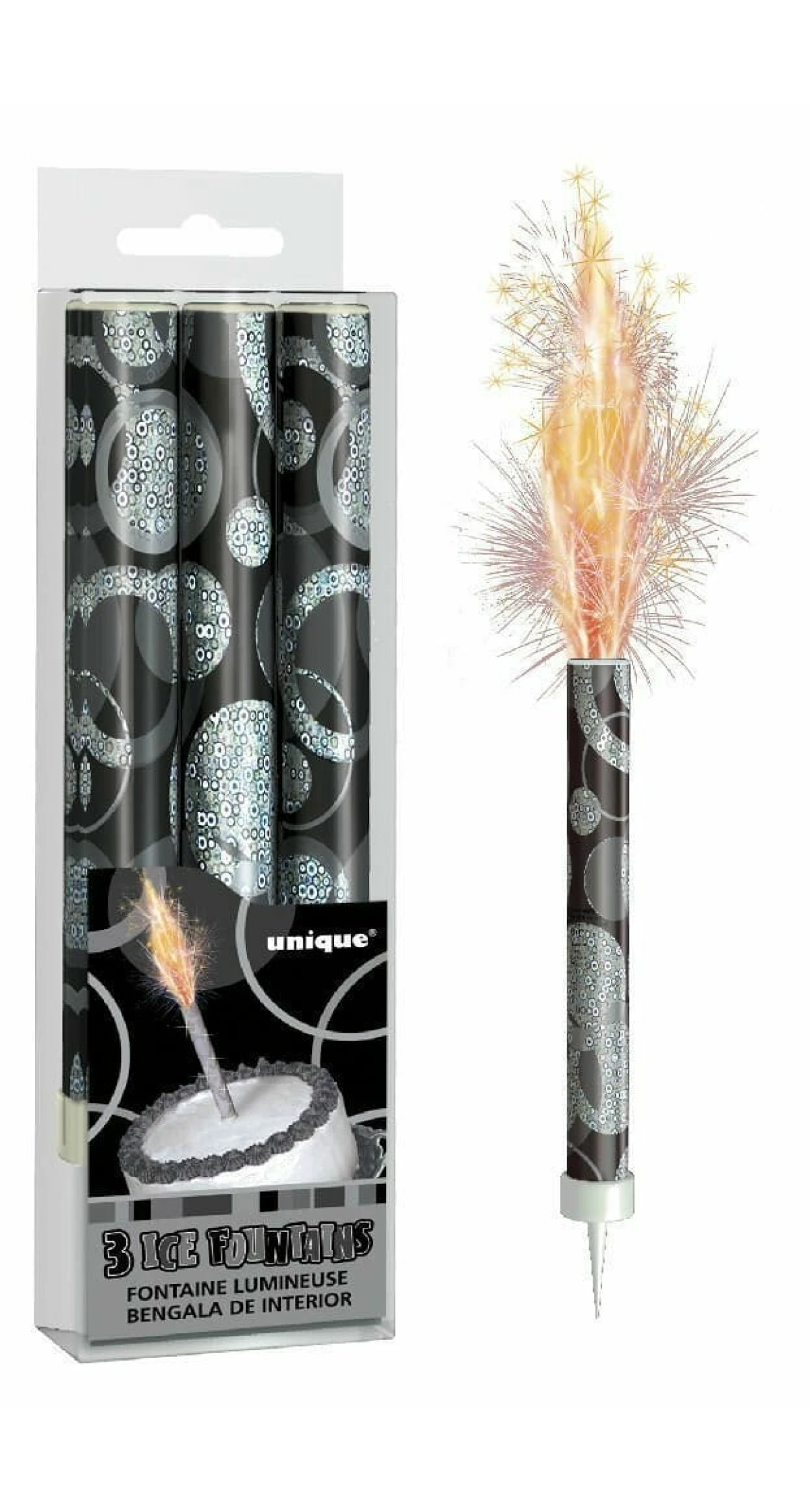 Ice Fountains Candle Black 12cm - 3pk
