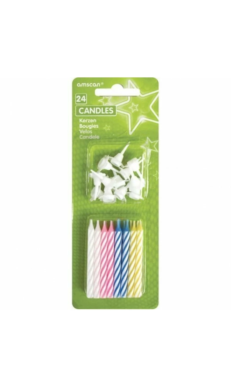 Candles Assorted Stripes with 12 Holders - 24pk