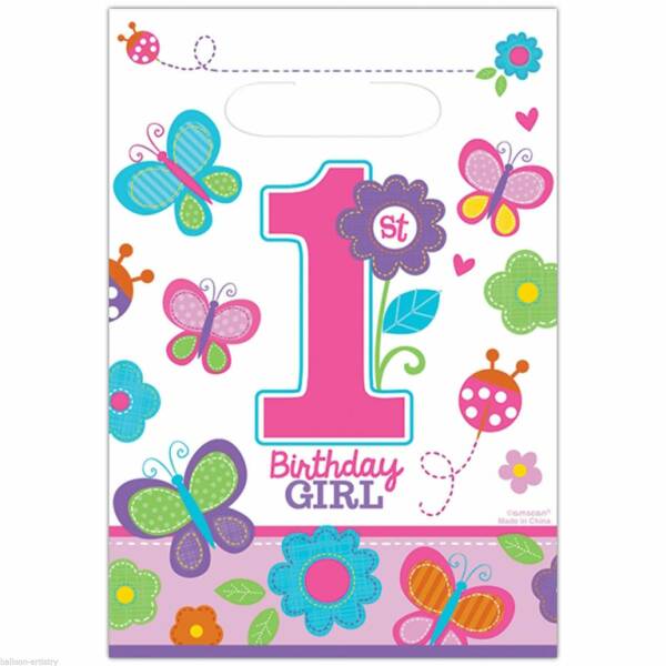 Sweet 1st Birthday Girl Plastic Party Bags - 8pk