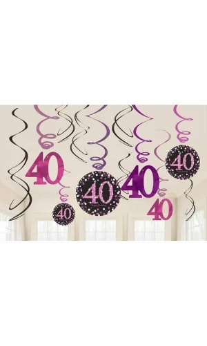 40th Pink Sparkling Celebration Hanging Swirl Decorations - 12pk