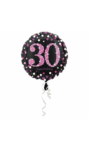 30 Happy Birthday Black/Pink Foil Balloon 18'' - 45cm
