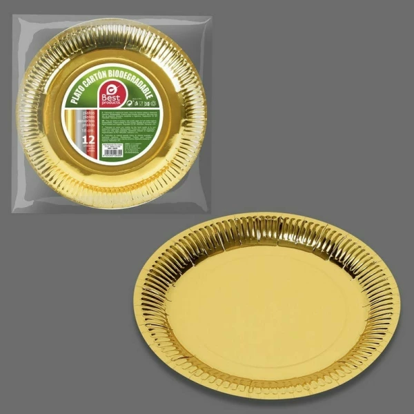 Metallic Gold Round Paper Plates 18cm - 12pk