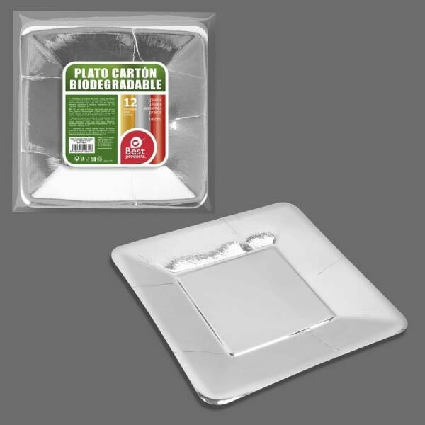 Metallic Silver Square Paper Plate 18cm - 12pk