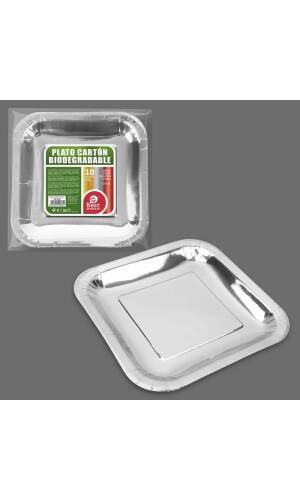 Metallic Silver Square Paper Plate 23cm - 10pk
