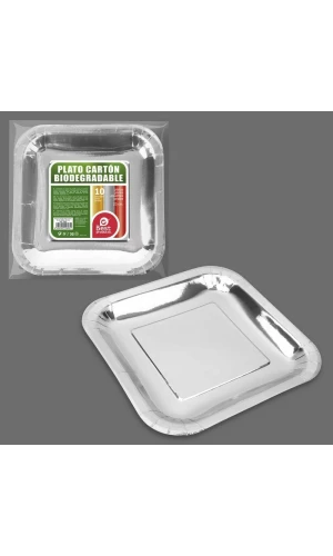 Metallic Silver Square Paper Plate 23cm - 10pk