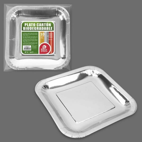 Metallic Silver Square Paper Plate 23cm - 10pk