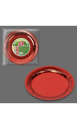 Metallic Red Round Paper Plates 18cm- 12pk