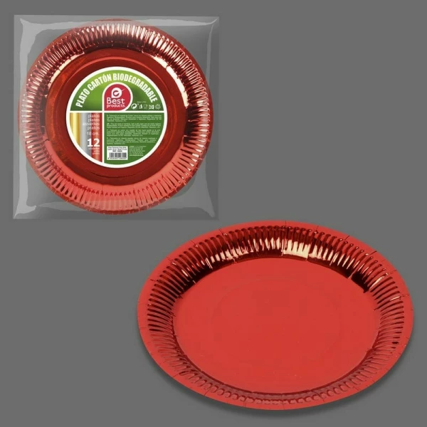 Metallic Red Round Paper Plates 18cm- 12pk