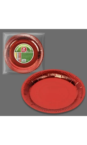 Metallic Red Round Paper Plates 23cm- 10pk