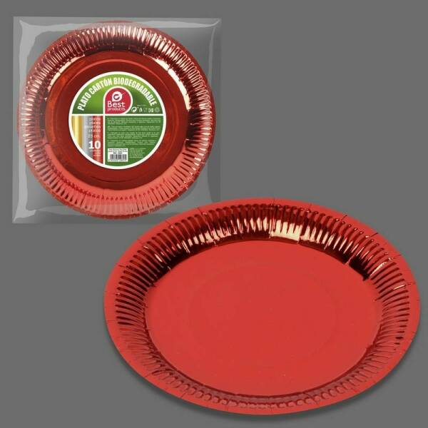 Metallic Red Round Paper Plates 23cm- 10pk