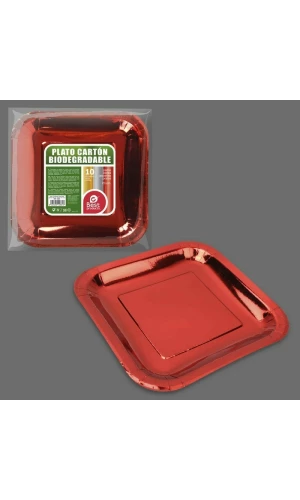 Metallic Red Square Paper Plate 23cm - 10pk