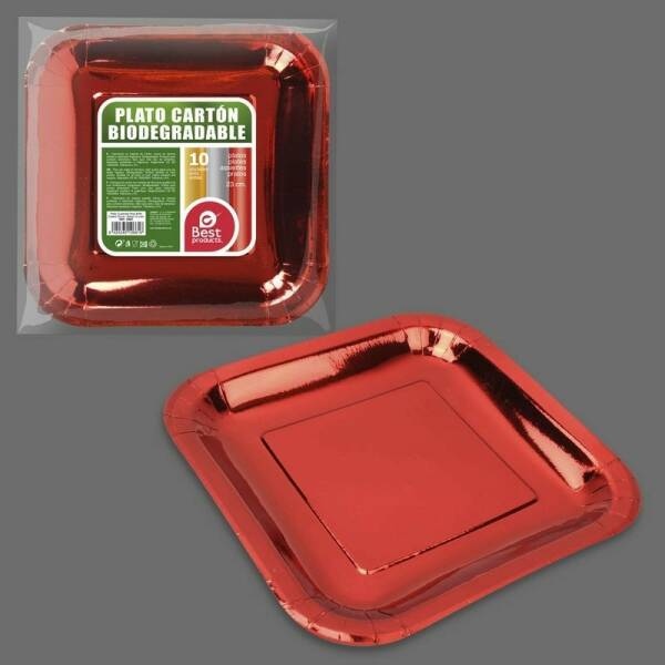 Metallic Red Square Paper Plate 23cm - 10pk