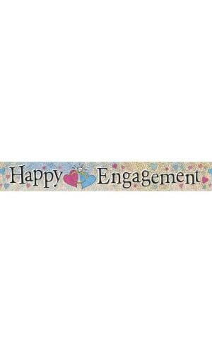 Happy Engagement Sparkly Silver Foil Banner Rings & Hearts - 3.65m