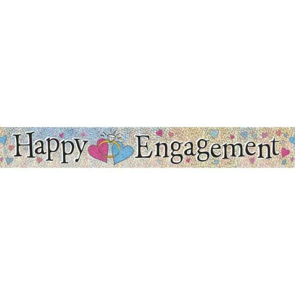 Happy Engagement Sparkly Silver Foil Banner Rings & Hearts - 3.65m