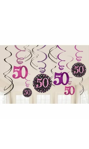 50th Pink Sparkling Celebration Hanging Swirl Decorations - 12pk