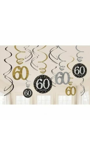 60th Gold/Silver Sparkling Celebration Hanging Swirl Decorations - 12pk