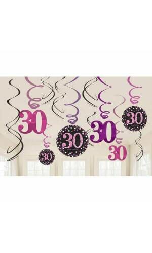 30th Pink Sparkling Celebration Hanging Swirl Decorations - 12pk