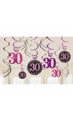 30th Pink Sparkling Celebration Hanging Swirl Decorations - 12pk