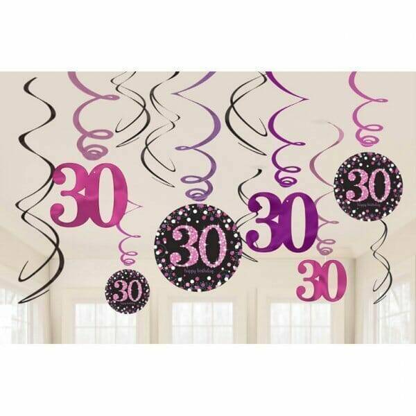 30th Pink Sparkling Celebration Hanging Swirl Decorations - 12pk