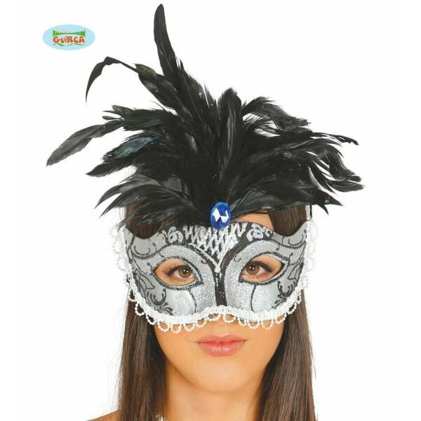 Venetian Feathered Black & Silver Mask (12481) - Adult One Size