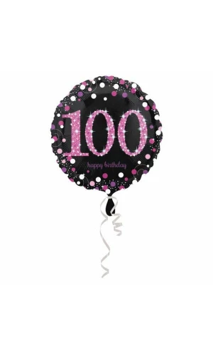 100 Happy Birthday Black/Pink Foil Balloon 18'' - 45cm
