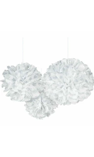 White Paper Fluffy Decorations with Snowflake Prints 40.6cm - 3pk