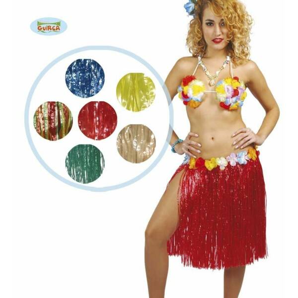 Hawaiian Yellow Hula Skirt With Flowers 55cm Long - Adult One Size