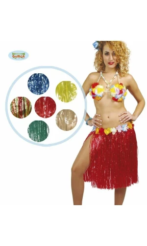 Hawaiian Blue Hula Skirt With Flowers 55cm Long - Adult One Size
