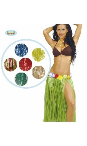Hawaiian Yellow Hula Skirt With Flowers 75cm Long - Adult One Size