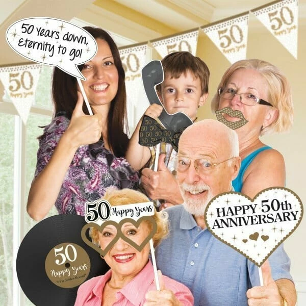 Photo Booth Kit Gold 50th Anniversary - 12pk