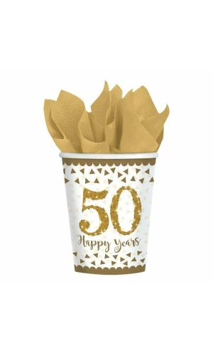 Gold 50th Anniversary Paper Cups 266ml -  8pk