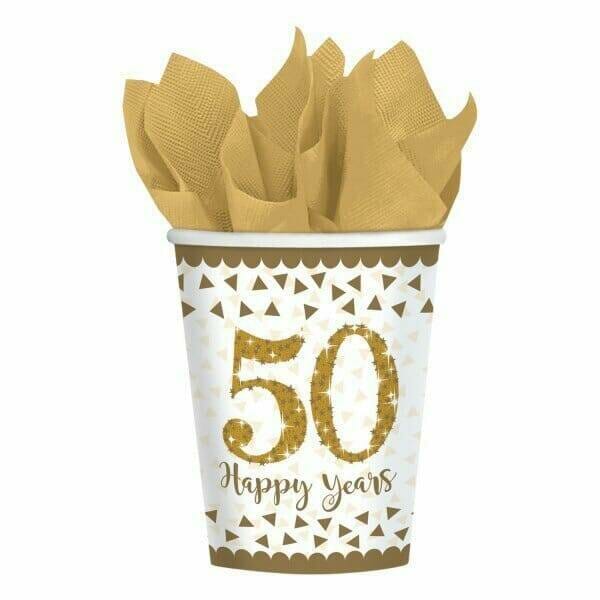 Gold 50th Anniversary Paper Cups 266ml -  8pk