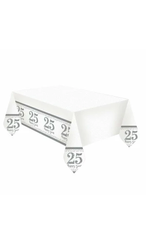 Silver 25th Anniversary Plastic Tablecover - 1.8m x 1.2m