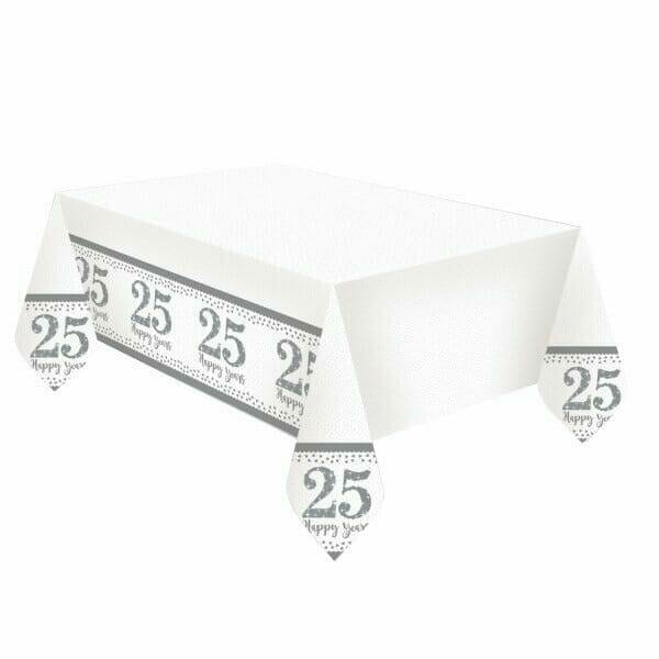 Silver 25th Anniversary Plastic Tablecover - 1.8m x 1.2m