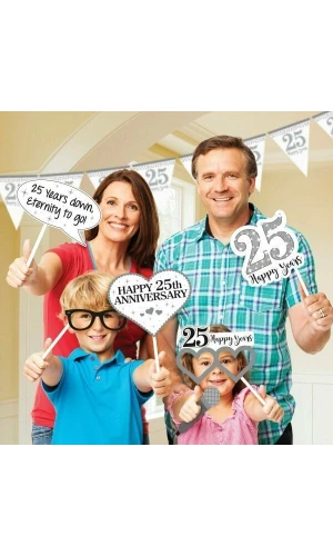 Photo Booth Kit Silver 25th Anniversary - 12pk