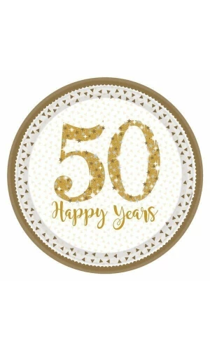 50th Gold Sparkling Wedding Anniversary 23cm Plates - 8pk