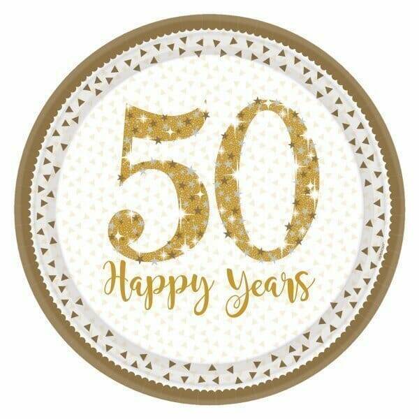 50th Gold Sparkling Wedding Anniversary 23cm Plates - 8pk