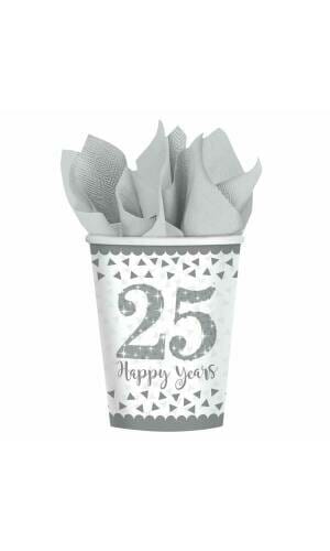 Silver 25th Anniversary Paper Cups 266ml - 8pk