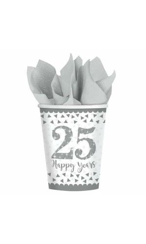 Silver 25th Anniversary Paper Cups 266ml - 8pk