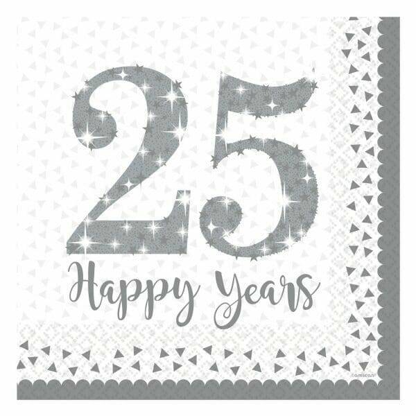Silver 25th Anniversary Napkins 2 Ply 32.7cm x 32.7cm - 16pk