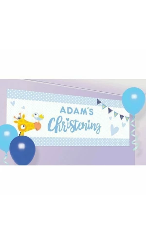 Baby Christening Day Blue Personalised Banner 120cm x 45cm